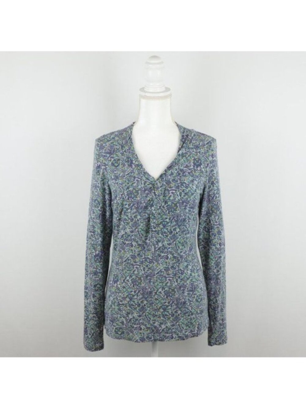 Royal Robbins Women's Medium Blue Green Floral V-Neck Long Sleeve Knit Blouse